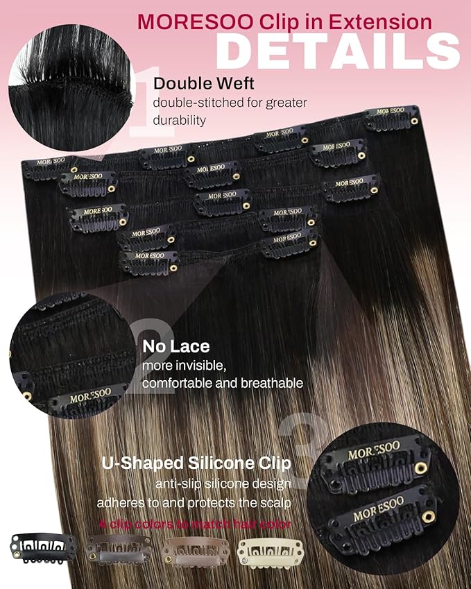 Moresoo Clip in Hair Extensions Real Human Hair Black to Blonde with Brown Human Hair Clip in Extensions Short Ombre Natural Black to Dark Brown with Golden Blonde 80g/5pcs 10 inch
