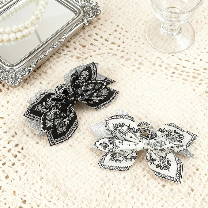 2Pcs Bow Claw Clips Boho Bandana Hair Bow Butterfly Styling Large Hair Clips for Women Large Claw Clips for Thick Hair (White+Black)