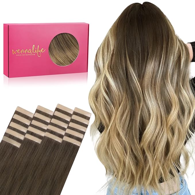 WENNALIFE Tape in Hair Extensions Human Hair, 20pcs 20 inch 50g Ombre Walnut Brown to Ash Brown and Bleach Blonde Remy Tape Hair Extensions Real Human Hair Tape Extensions Coloured Hair Extensions