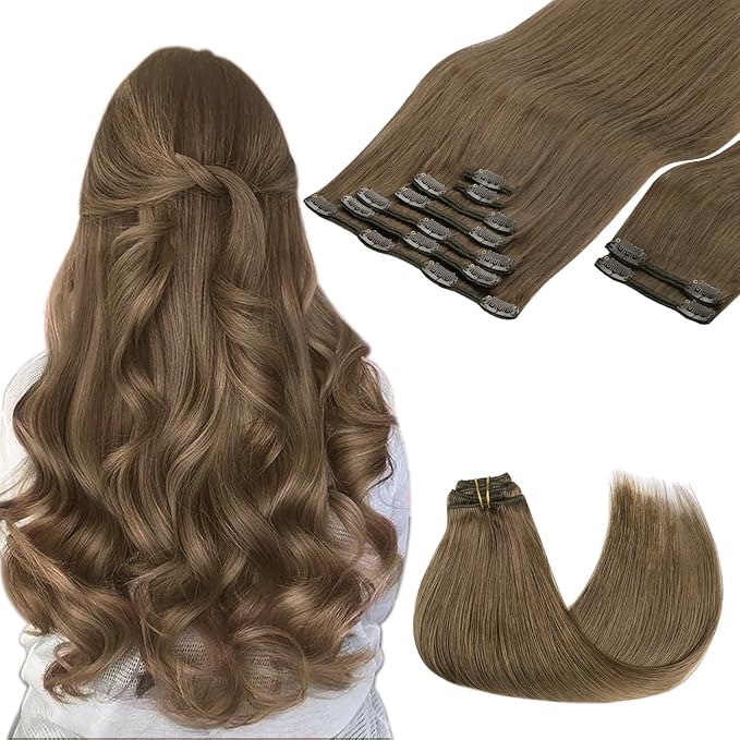 GOO GOO Clip in Hair Extensions Real Human Hair, Remy Human Hair Extensions Clip ins for Women, Natural Human Hair, 14inch 150g 9Pcs, 5 Light Ash Brown