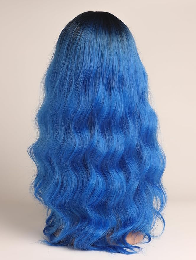 Blue Hair Wavy Wigs With Bangs For Women Synthetic Blue Wigs For Daily Use Everyday Wear.
