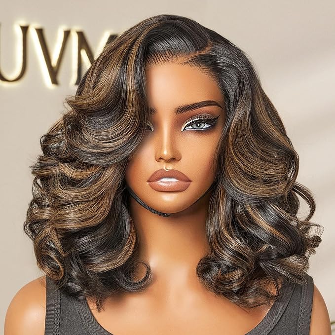 LUVME HAIR 100% Human Hair Wigs Loose Wave Glueless Lace Front 12 Inches, Pre Cut Plucked Hd Lace Short Wig Ready To Go Highlight Color Straight Bleached Knots Side Part Wigs
