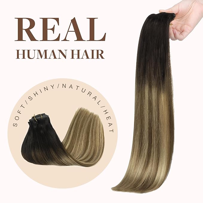 GOO GOO Clip in Hair Extensions Real Human Hair, Remy Human Hair Extensions Clip ins for Women, Natural Human Hair, 24inch 160g 7Pcs, 2/6/18 Balayage Brown to Dirty Blonde