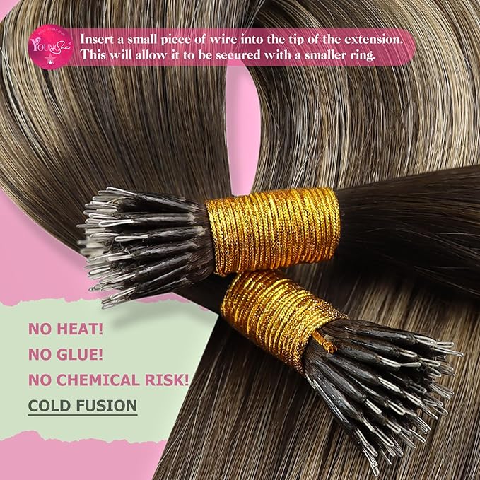 YoungSee Nano Extensions Human Hair Brown Balayage Nano Ring Hair Extensions Balayage Dark Brown Ombre Caramel Blonde Nano-Bead Extension 1g/s Nano-link Hair Extension for Daily Soft 16Inch