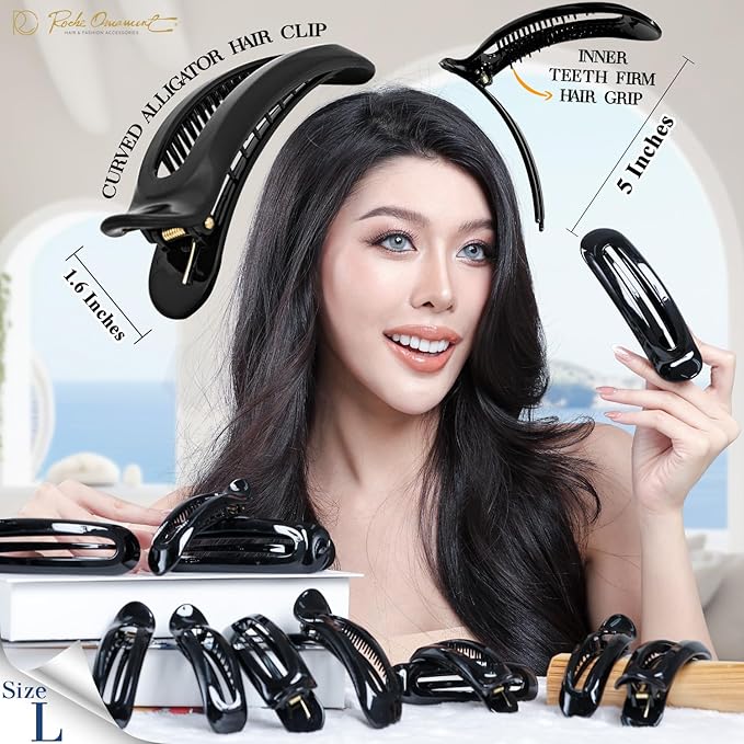 RC ROCHE 6 Pcs Flat Claw Hair Clips for Women Alligator French Barrette Long Thick Hair Duckbill Curved No Slip Grip Lay Flat Side Slide Firm Classic Styling, Large Black