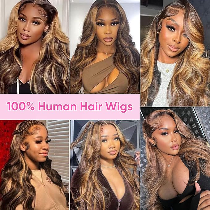 Honey Blonde Ombre 13x6 Lace Front Wig Human Hair 210 Density Highlight Body Wave Lace Front Wigs Human Hair Pre Plucked Glueless Lace Frontal Wig for Women 4/27 Colored 34Inch