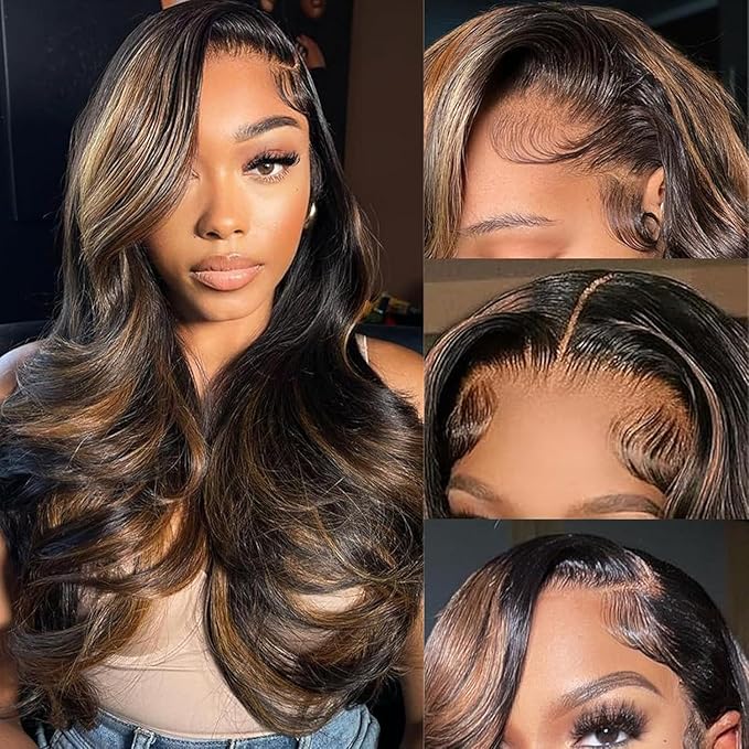 AMIRTY 32 Inch 9x6 Glueless Wigs Human Hair Pre Plucked pre cut Ombre Lace Front Wig Human Hair Wear and Go Glueless Wig 180% Density 1B/30 Highlight Body Wave Wig HD Colored Wigs
