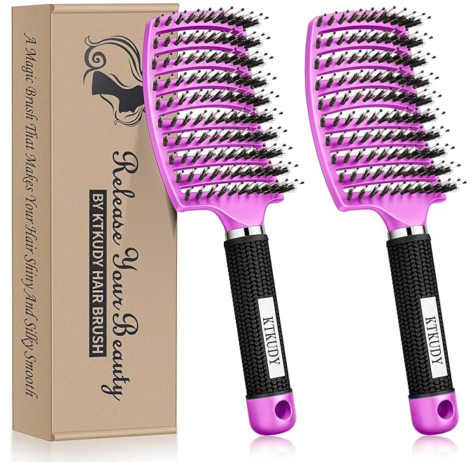Detangling Brush Boar Bristle Hairbrush for Adult & Kids Wet or Dry Hair - KTKUDY Detangler Hair brush Getting Knots Out without Pain - Adds Shine and Makes Hair Healthier (Set of 2)