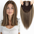 MONO TOP Hair Toppers for Women Human Hair 12 Inch 7"×8" Big Base Partial wig Cover Thinning Hair or Loss No Bangs Top Hair Pieces Natural Wiglets (Brown with Blonde Highlights)