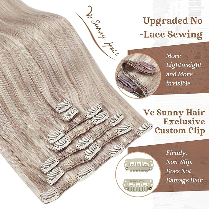 Ve Sunny Human Hair Clip in Extensions Ash Blonde Highlight Bleach Blonde Real Human Hair Extensions Clip ins for Thick Hair 120g 7pcs 14inch