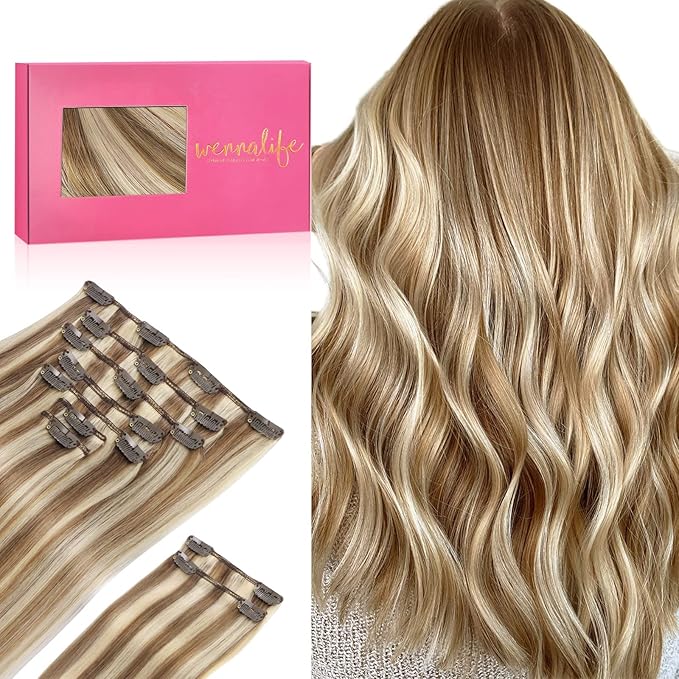 WENNALIFE Hair Extensions Clip In, 9pcs 20inch 150g Ash Brown Highlighted Golden Blonde Thicker Clip In Hair Extensions Real Human Hair Remy hair extension Double Weft Clip in Human Hair Extensions