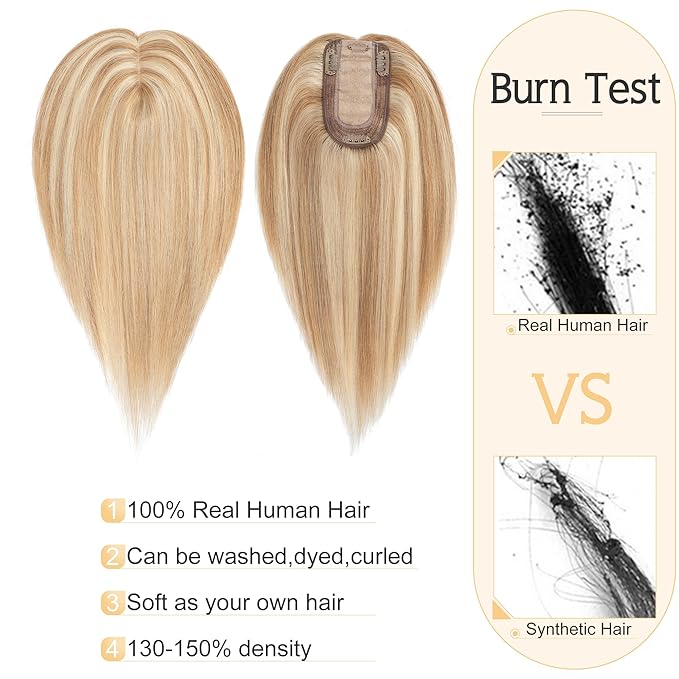 SEGO Human Hair Toppers for Women With Thinning Hair, 7 * 13CM Silk Base 100% Real Human Hair Clip in Top Wiglet Hairpieces -8 Inch No Bangs Golden Brown&Bleach Blonde