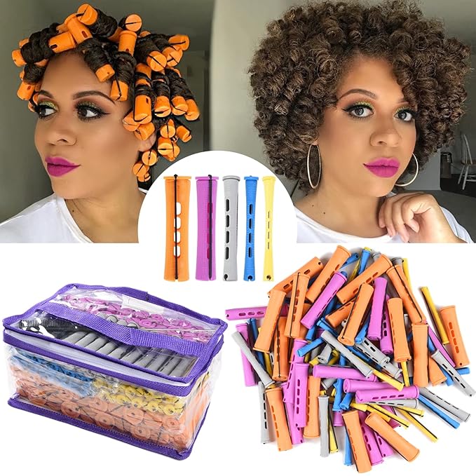 100pcs Perm Rods Set - 5 Sizes Cold Wave Rollers for Natural Curling, Styling and Hairdressing (Orange, Purple, Gray, Blue, Yellow)