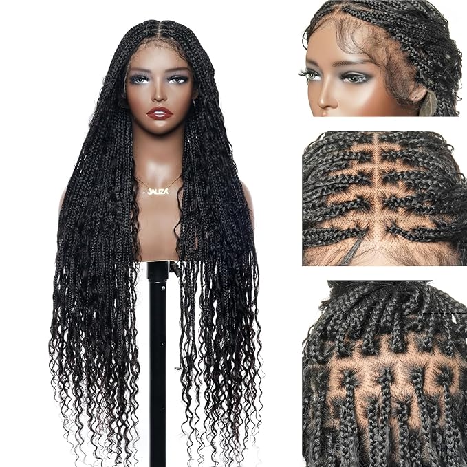 Human Hair Boho Curls Hand-Tied HD Full Lace Wig - 36" Salon-Level Small Box Synthetic Braids (100 Braids, High Density) Pre-Cut Swiss HD Lace, Pre-Plucked, Knotless, Tangle-Free - Black 1B