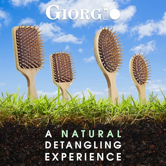 Giorgio Eco Friendly Wooden Bristle Hairbrush - Small Detangling Brush and Hair Growth Brush for Thick or Long Hair - Oval Paddle Hair Brush Made with Anti Static Beechwood, Silicone Massage Cushion