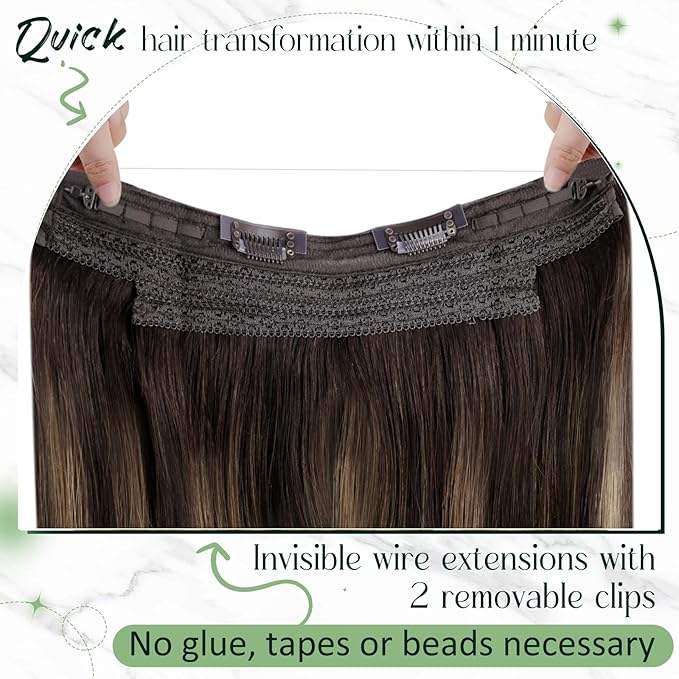 RUNATURE Invisible Wire Hair Extensions Real Human Hair, Balayage Human Hiar Extensions with Transparent Headband Fish Line Extensions, Soft Remy Hair for Women, One Piece 14 Inch 70g #2/2/6