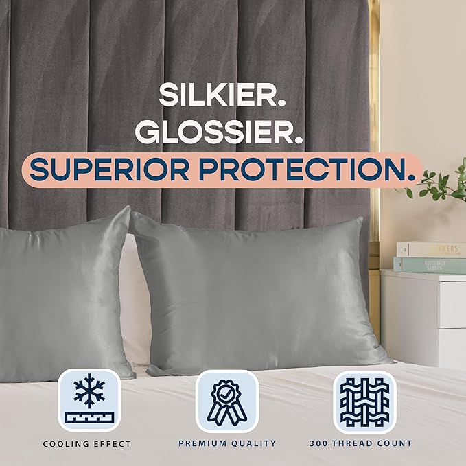 BLISSFORD Satin Pillowcase with Zipper, for Hair and Skin Care, Feels Soft and Cool Like a Silk Pillowcase, Satin Pillow Cases 2 Pack, Slik Pillow Cover, Grey, King Size, Set of 2