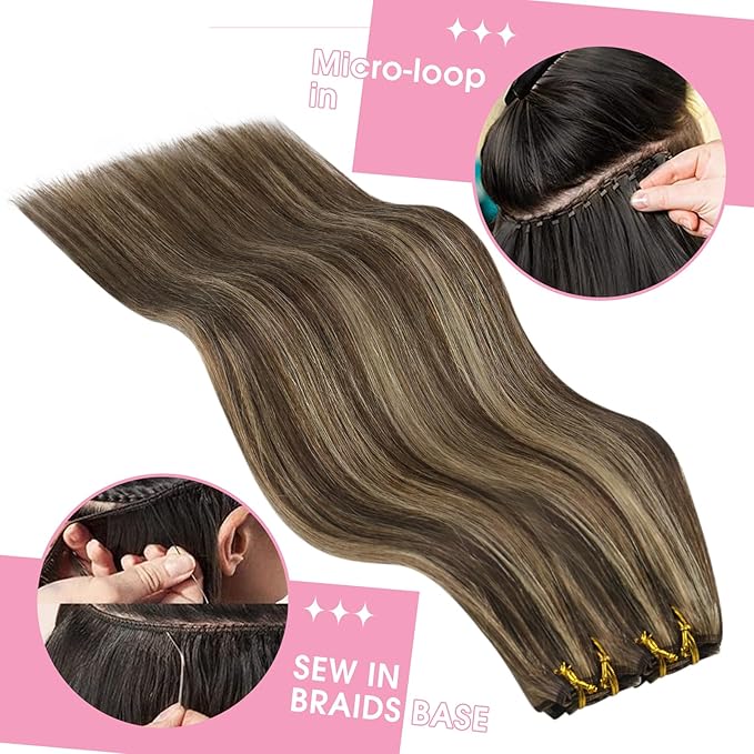 YoungSee Hair Extensions Weft Brown Highlights Sew in Hair Extensions Real Human Hair Dark Brown Mix Caramel Blonde Human Hair Weft Extensions for Women 18Inch 100G