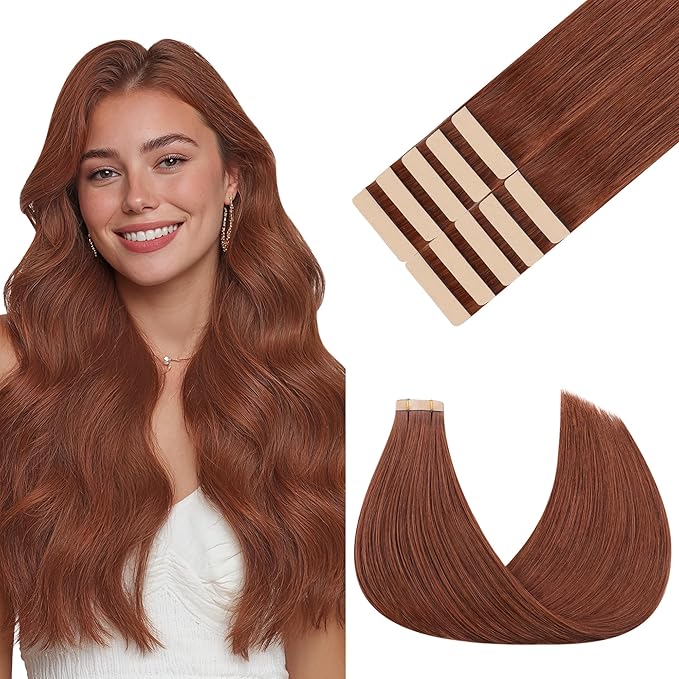 GOO GOO Tape in Hair Extensions Human Hair, #33B Dark Auburn Copper, 16inch 25g 10pcs, Skin Weft Seamless Invisible, Silky Straight with Thick Ends, Remy Human Hair