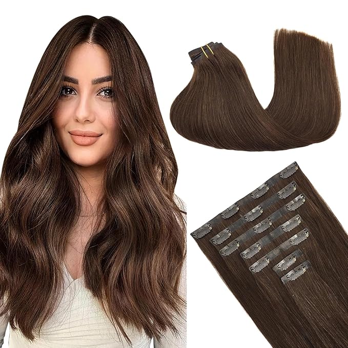 GOO GOO Clip in Hair Extensions Real Human Hair, Remy Human Hair Extensions Clip ins for Women, Natural Human Hair, 22 Inch 140g 7Pcs, 4A Chocolate Brown