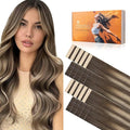DOORES Invisi Edge Tape in Hair Extensions Human Hair, Chocolate Brown to Honey Blonde 10 Injection Tape-ins with 10 Classic Tape-ins 50g 16 Inch, Virgin Tape in Extensions