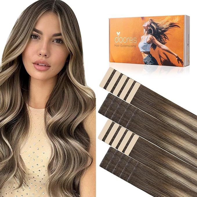 DOORES Invisi Edge Tape in Hair Extensions Human Hair, Chocolate Brown to Honey Blonde 10 Injection Tape-ins with 10 Classic Tape-ins 50g 16 Inch, Virgin Tape in Extensions