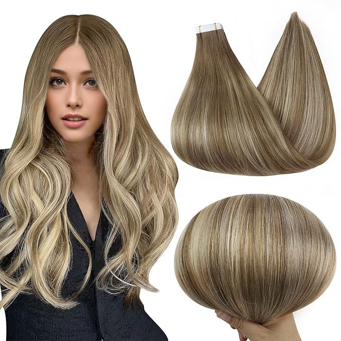 Full Shine Balayage Tape in Hair Extensions Human Hair 18 Inch Invisible Tape in Hair Extensions Color 6 Brown Fading to 6 and 60 Platinum Blonde 50Gram 20Pcs Blonde Straight Hair Extensions Tape in