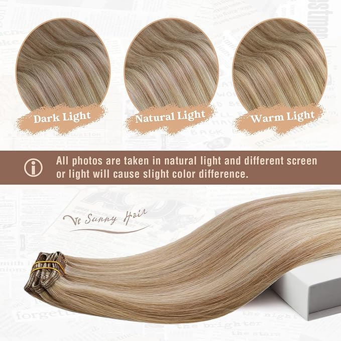 Ve Sunny Clip in Hair Extensions Real Human Hair Highlights Human Hair Clip in Extensions Dark Ash Blonde Highlights Light Blonde Real Hair Extensions Clip in Human Hair Comfortable 7pcs 20inch 120g