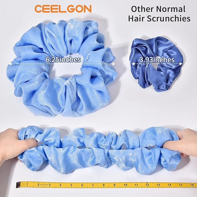 XL Big Silk Scrunchies Hair Ties for Women - CEELGON Oversized Satin Silk Scrunchie Exra Large Jumbo Gaint Soft Chiffon Cute Scrunchy for Curl Thick Hair 4 Pack (Blue Series)
