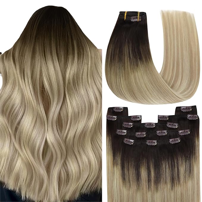 YoungSee Clip in Human Hair Extensions Ombre Clip in Extensions Real Human Hair Medium Brown Ombre Golden Mix Platinum Blonde Balayage Hair Extension Clip ins Long Straight Hair 120G 22In 7Pcs