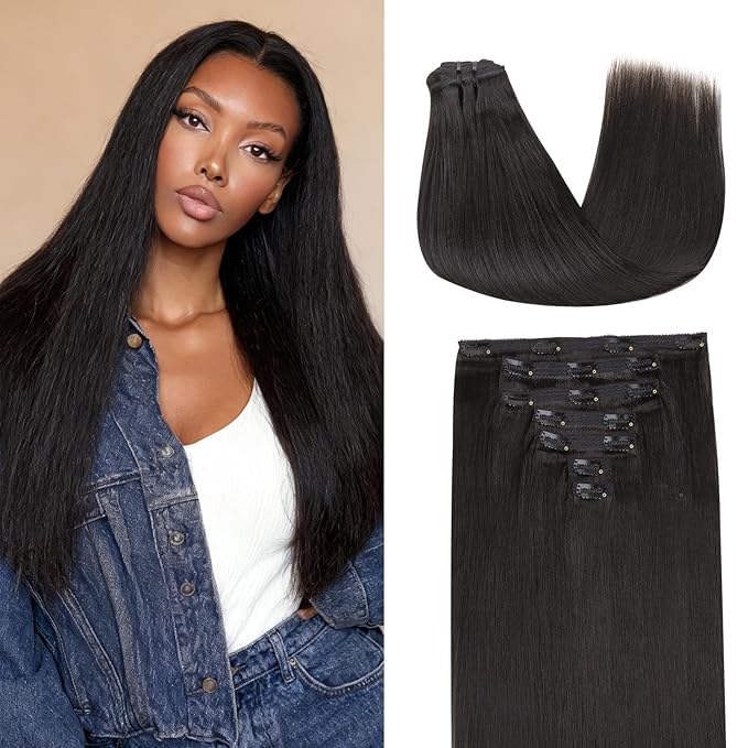 Lashey Human Hair Extensions Clip in Extensions Light Yaki Straight 18 Inch 7pcs 120g Hair Extensions Human Hair Natural Black Real Hair Extensions Clip in Human Hair for Women