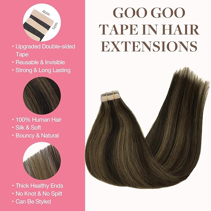 GOO GOO Tape in Hair Extensions Human Hair, 2/6 Dark Brown Highlighted Chestnut Brown, 22inch 50g 20pcs, Thick Ends Straight Seamless, Invisible