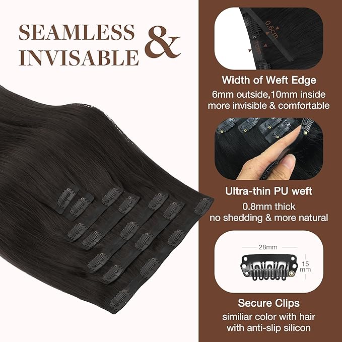 GOO GOO Clip in Hair Extensions Real Human Hair, Remy Human Hair Extensions Clip ins for Women, Natural Human Hair, 24inch 160g 7Pcs, 2 Dark Brown