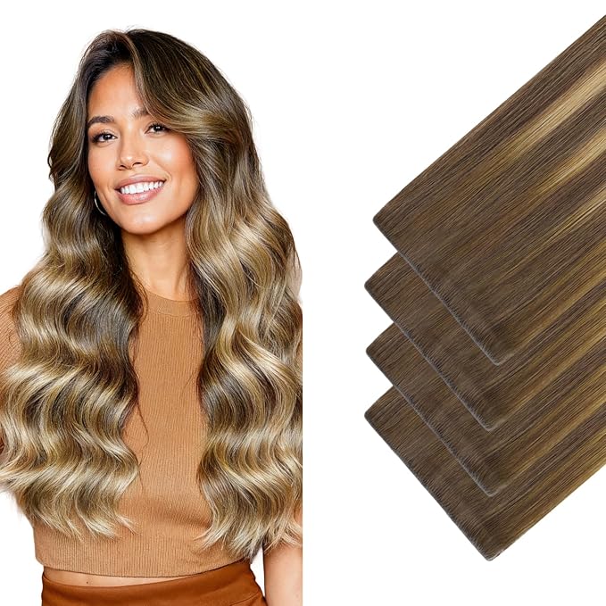 GOO GOO Invisi Edge Wide Tape in Hair Extensions, 4/27/4 Balayage Chocolate Brown to Caramel Blonde,4pcs 18inch 20g, Remy Human Hair,Seamless Injected Tape, Natural Look