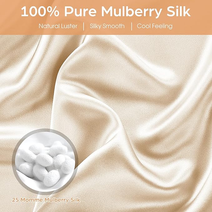 Silk Pillowcase for Hair and Skin, 2 Pack 100% Mulberry Silk Pillowcase 25 Momme, 600 Thread Count, Both Side Pure Silk Pillow Cover with Hidden Zipper (Beige, King 20''×36'')
