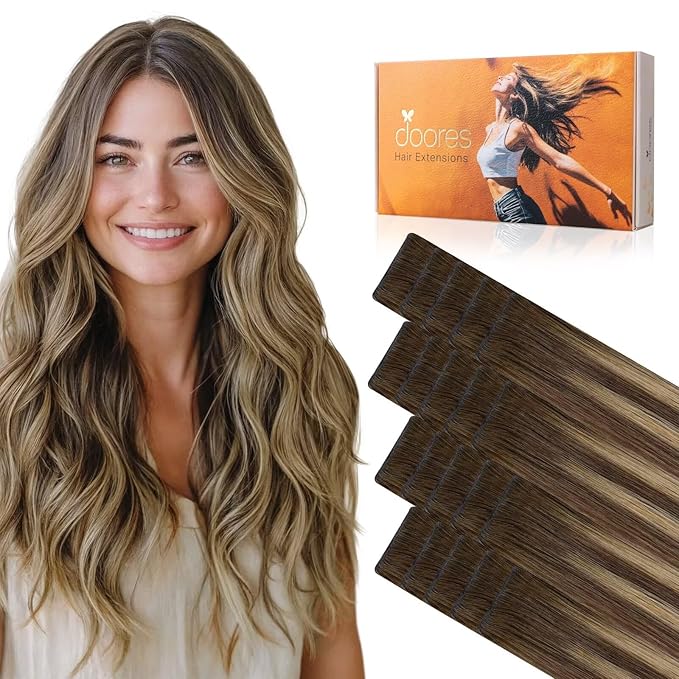 DOORES Invisi Edge Hair Extensions Real Human Hair Tape in, Chocolate Brown to Caramel Blonde 10 Injection Tape-ins with 10 Injection Tape-ins 50g 16 Inch, Injected Tape in