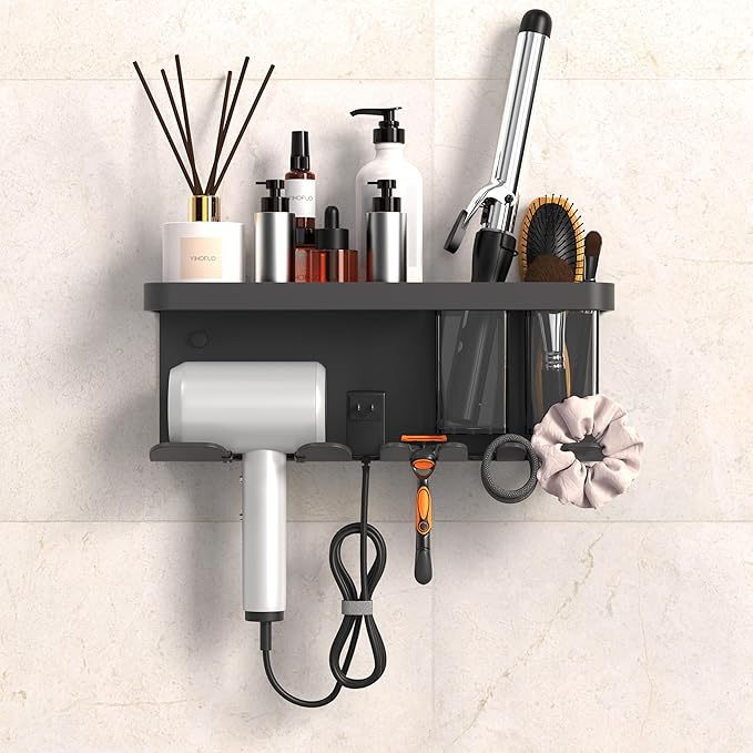 Hair Dryer Holder Wall Mounted Adhesive/Drilling, Hair Dryer Storage Organizer with Shelf & Hooks for Bathroom, Blow Dryer Holder, Hair Tool Organizer (Grey)