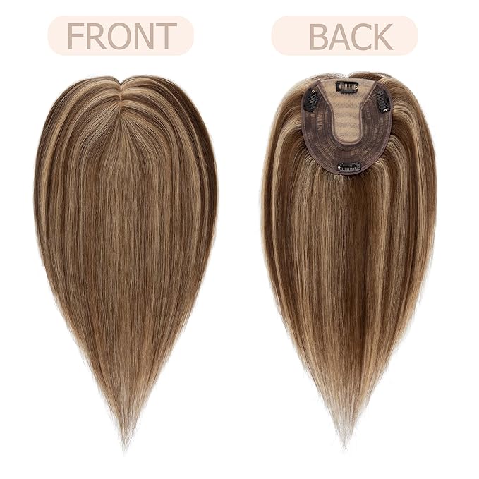 Hair Toppers for Women Real Human Hair No Bangs, 13 * 15 cm Larger Silk Base 150% Density Clip In Topper Hairpieces, Wiglet Top Pieces Add Volume /10 Inch 4P27 Medium Brown&Dark Blonde