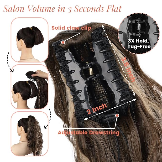 Claw Clip Ponytail Extension 18 Inch Curly Wavy Ponytail Extension Jaw Clip on Pony Tails Hairpiece for Women Fluffy Natural Synthetic for Daily Use (Chocolate Brown with Blonde Highlights)