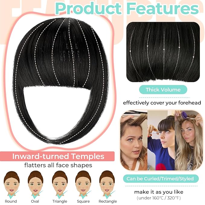 Clip in Bangs, Synthetic French Bangs Hair Clip, Fake Bangs Fringe with Temples Hairpieces for Women Natural Curved Hair Extensions for Daily Wear Natural Black