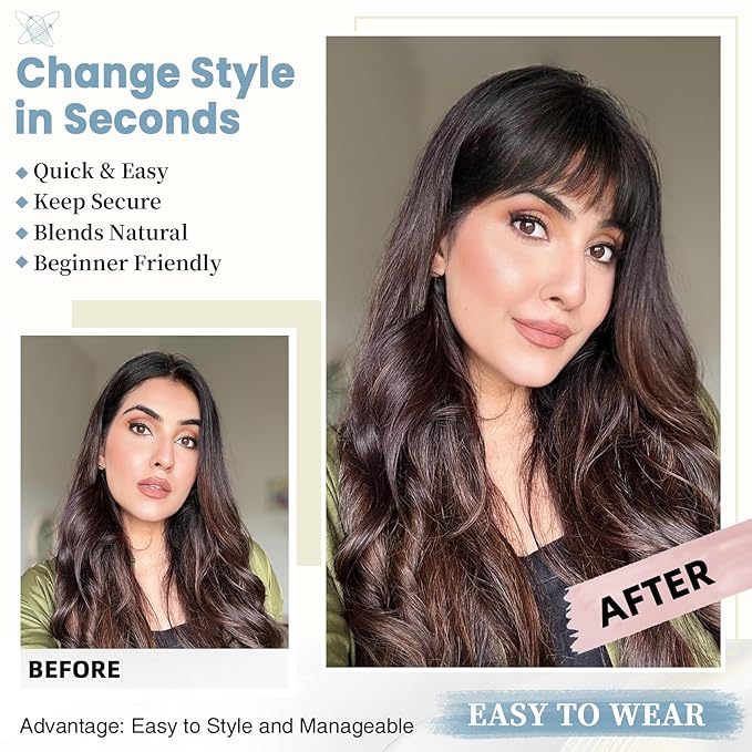 Clip In Bangs for Women, Brown French Bangs Hair Clip with Temples, 100% Real Human Hair Layered Curved Fringe for Halloween and Daily Use(Brown, French Bangs)