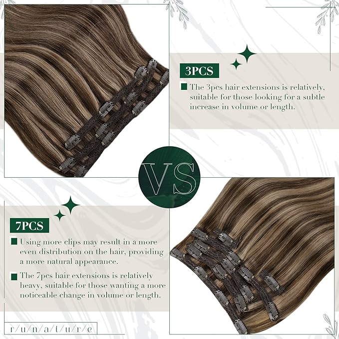 RUNATURE Real Hair Extensions Clip in Human Hair, Remy Clip in Hair Extensions Real Human Hair, Tangle-free Soft Natural Hair for Women, 12 Inch 50g 3pcs #3P12 Walnut Brown Highlight Blonde