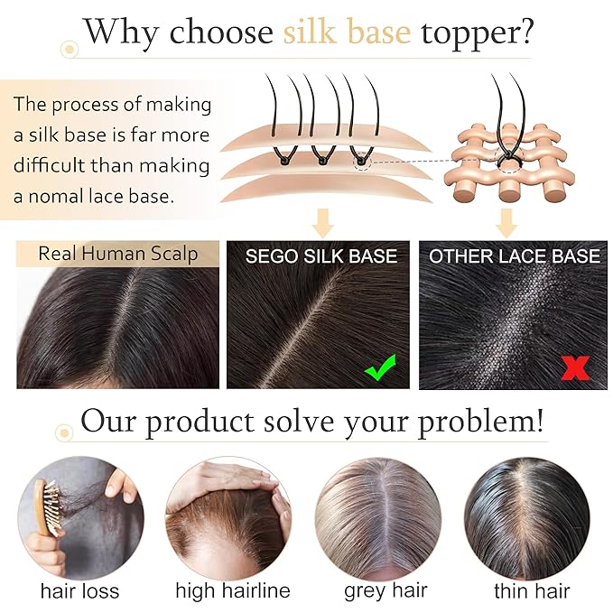 SEGO Human Hair Toppers for Women With Thinning Hair, 7 * 13CM Silk Base 100% Real Human Hair Clip in Top Wiglet Hairpieces /8 Inch No Bangs Platinum Blonde
