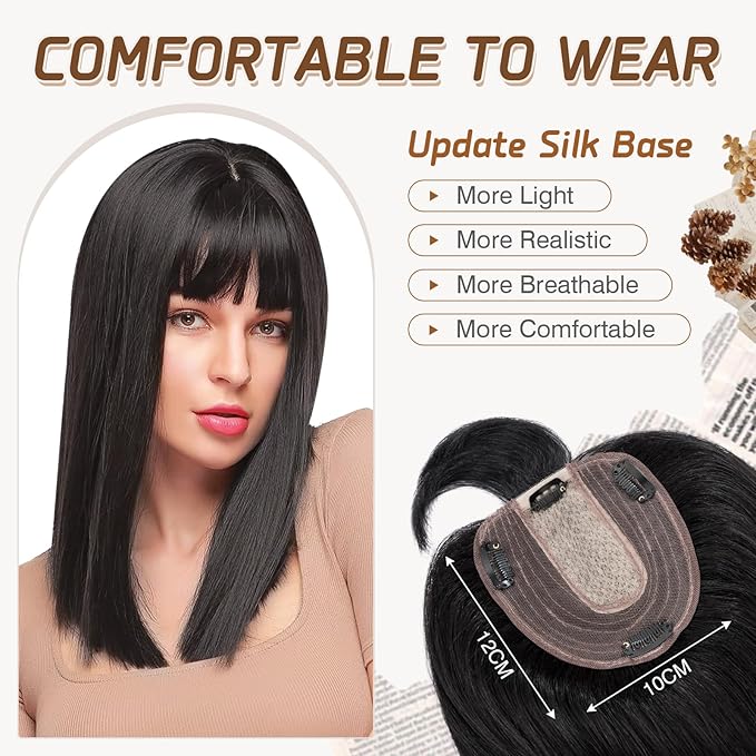 Rich Choices Real Human Hair Topper With Bang - 100% Remy Hair for Women With Thinning Hair - Clip in Silk Base 12 Inch #1 Jet Black