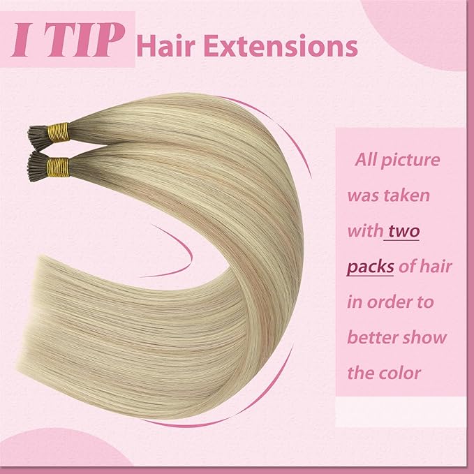 YoungSee Itip Hair Extensions Real Human Hair Ombre I Tip Hair Extensions Human Hair Ash Blonde to Platinum Blond Balayage I Tip Hair Extension 20 Inch 50g 50s Pre Bonded Hair Extension