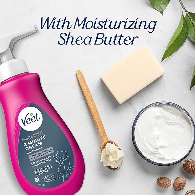 VEET Professional 2 Minute Hair Removal Cream For All Skin Types with Shea Butter | Effective Full Bikini Hair Removal, Pubic Hair Removal Gel | Dermatologically Tested | 13.5 FL OZ Bottle w/Spatula