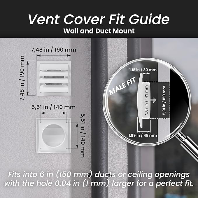 Repa Market 6 Inch Black Dryer Vent Hood/Duct Cover for Walls or Ducting/ABS Plastic Grille with Flaps & Insect Screen/Exhaust and Dryer Vent Covers for Indoor & Outdoor Use