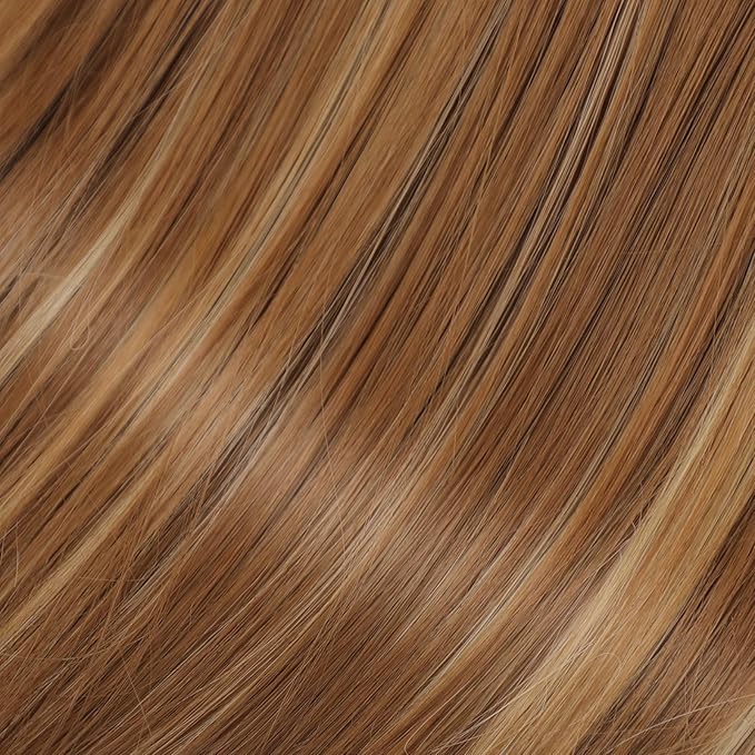 Copper Brown with Blonde Highlights Synthetic Hair Toppers for Women with Thinning 3D 360° Cover Clip in Wispy Bangs Upgraded Adjustable Bandage 18 Inch Long Layered