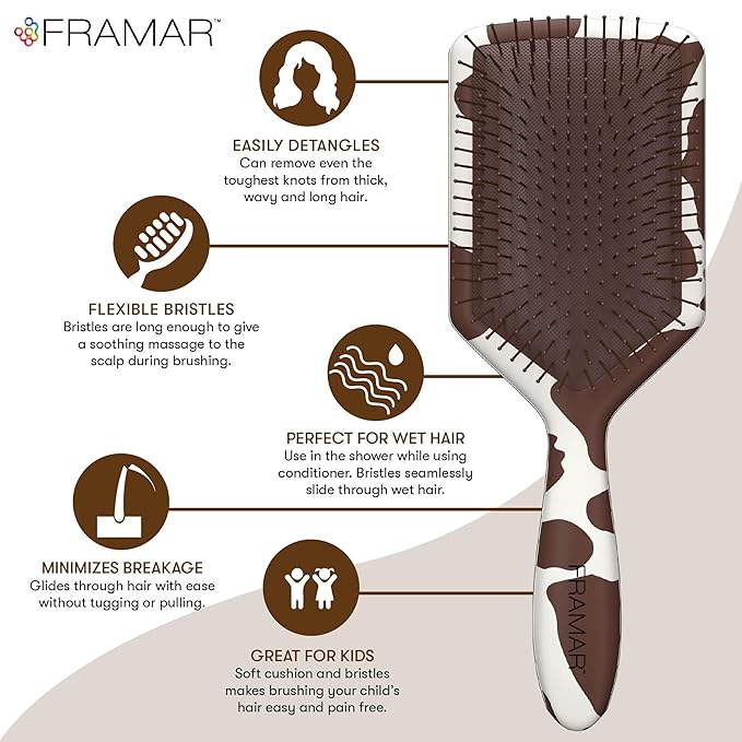 FRAMAR Paddle Hair Brush Detangler, Detangling Hairbrush For Women, Wet Hair Brush For Girls, Hair Detangler Brush, Wet Hairbrush, Hairbrushes, Girls Hairbrush Detangler, Reduces Frizz – Cow Print