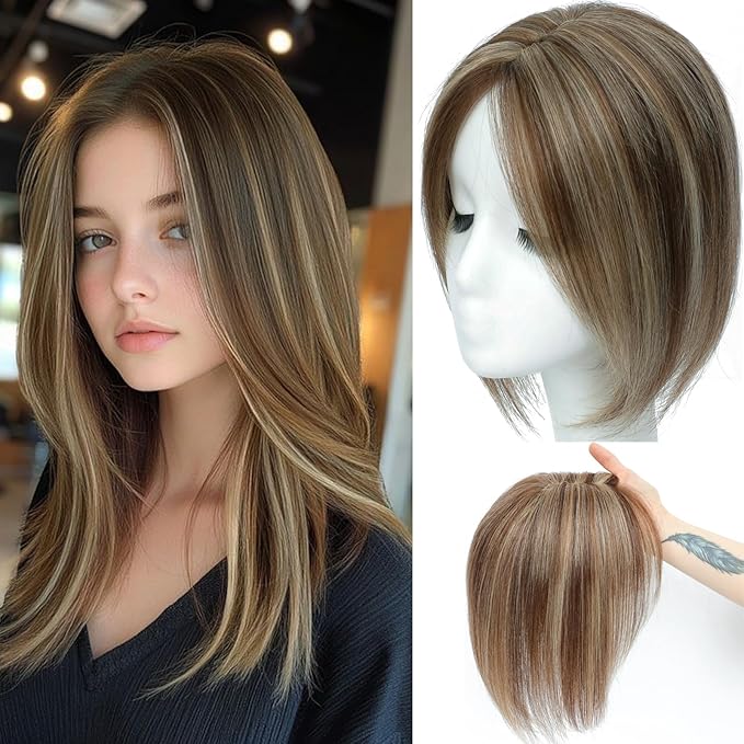 Hair Toppers for Women Real Human Hair, 360°3D Topper for Women with Thinning Crown Wispy Clip in Bangs Breathable Hand Tied Craft Big Coverage Hairpieces(P4/27（Big Coverage）, 12 Inch-3D-Side)